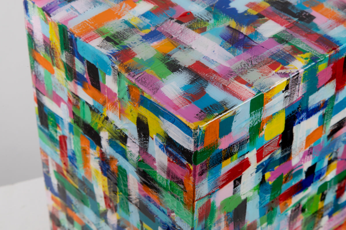 Versatile Cube #3 - Acrylic on MDF.
Slathered in resin, 8 x 8 x 11 inches - By David Bastedo